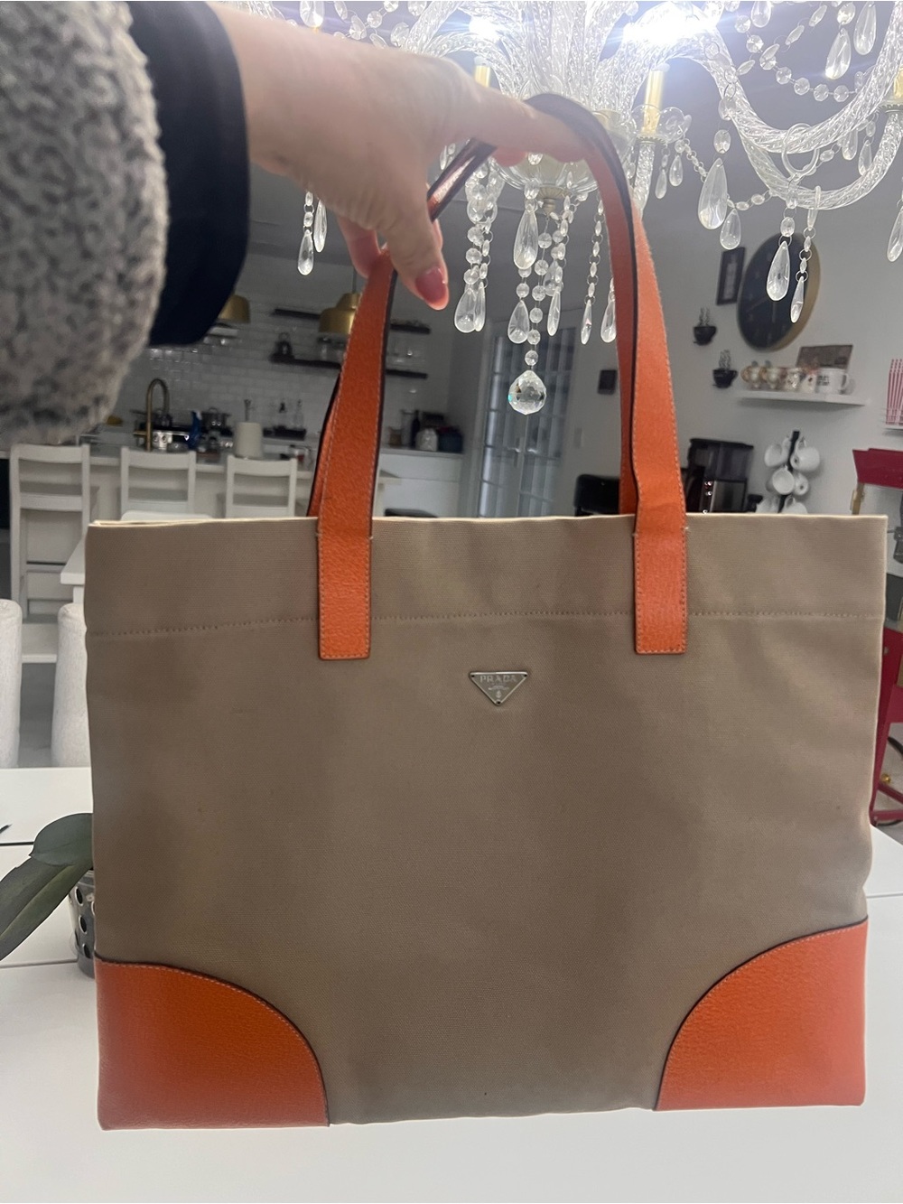 Prada Beige Tote with Orange Leather Trim
